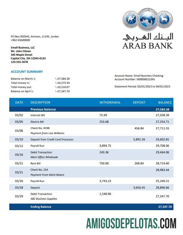 Baixável Arab Bank Organization Checking modelo de extrato de conta Word e PDF